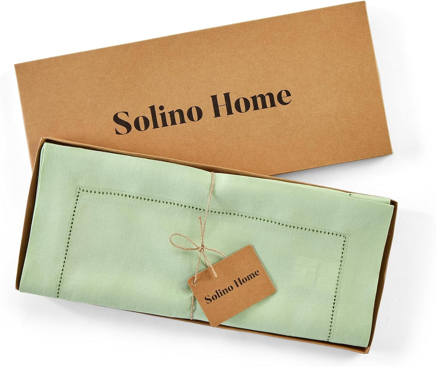 Solino Home Linen Table Runner 90 Inches Long - 100% Pure Linen Light Green Table Runner 14 x 90 Inch - Classic Hemstitch
