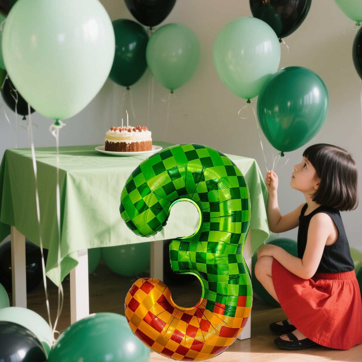 Pixel & TNT Theme 40in Giant Number Balloons - Foil Mylar Birthday Party Decorations for Kids Adults Cumpleaños, Block Style Pixel Art Shape Balloon Decor Supplies (Pixel, Number 3)