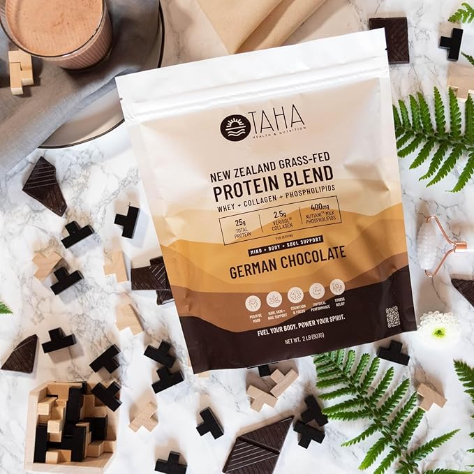 Taha Health & Nutrition Mind + Body Protein Blend – German Chocolate | 25g Protein from Whey & Collagen + 400mg Milk Phospholipids | Grass-Fed, Free-Range New Zealand Dairy | 2LB