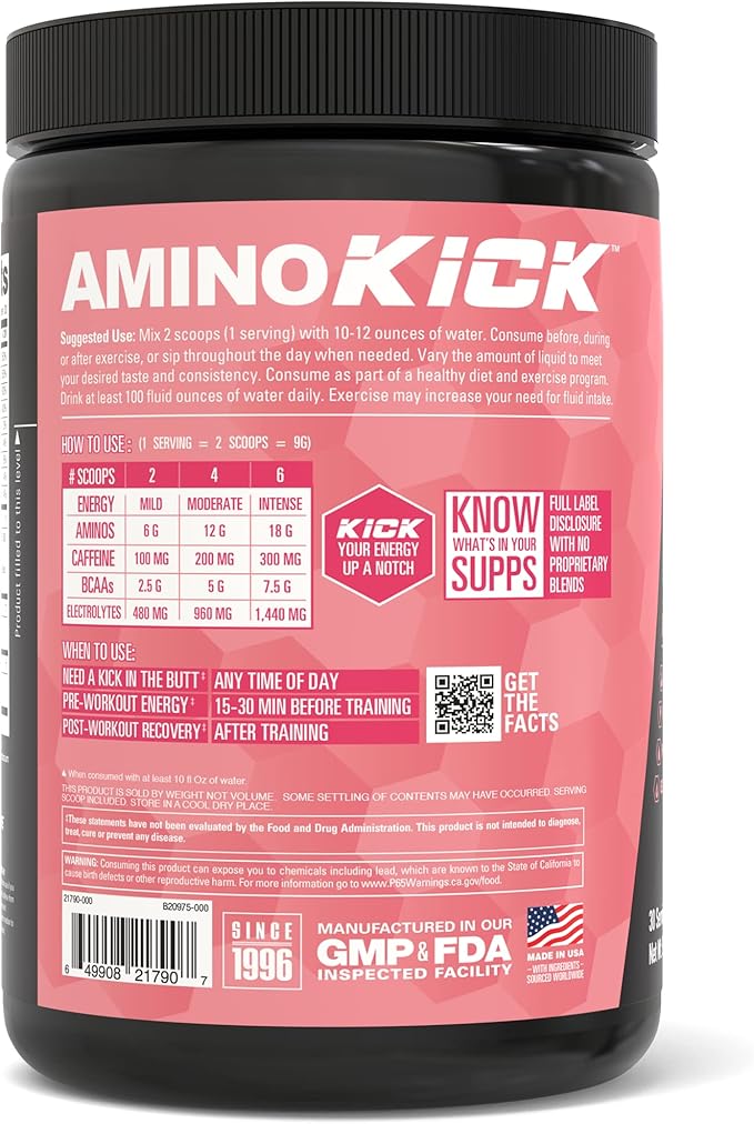 NutraBio Amino Kick – BCAA Powder with Natural Caffeine – Amino Acids Supplement for Energy, Hydration & Recovery – BCAAs, Electrolytes & Amino Acids – Raspberry Lemonade, 30 Servings
