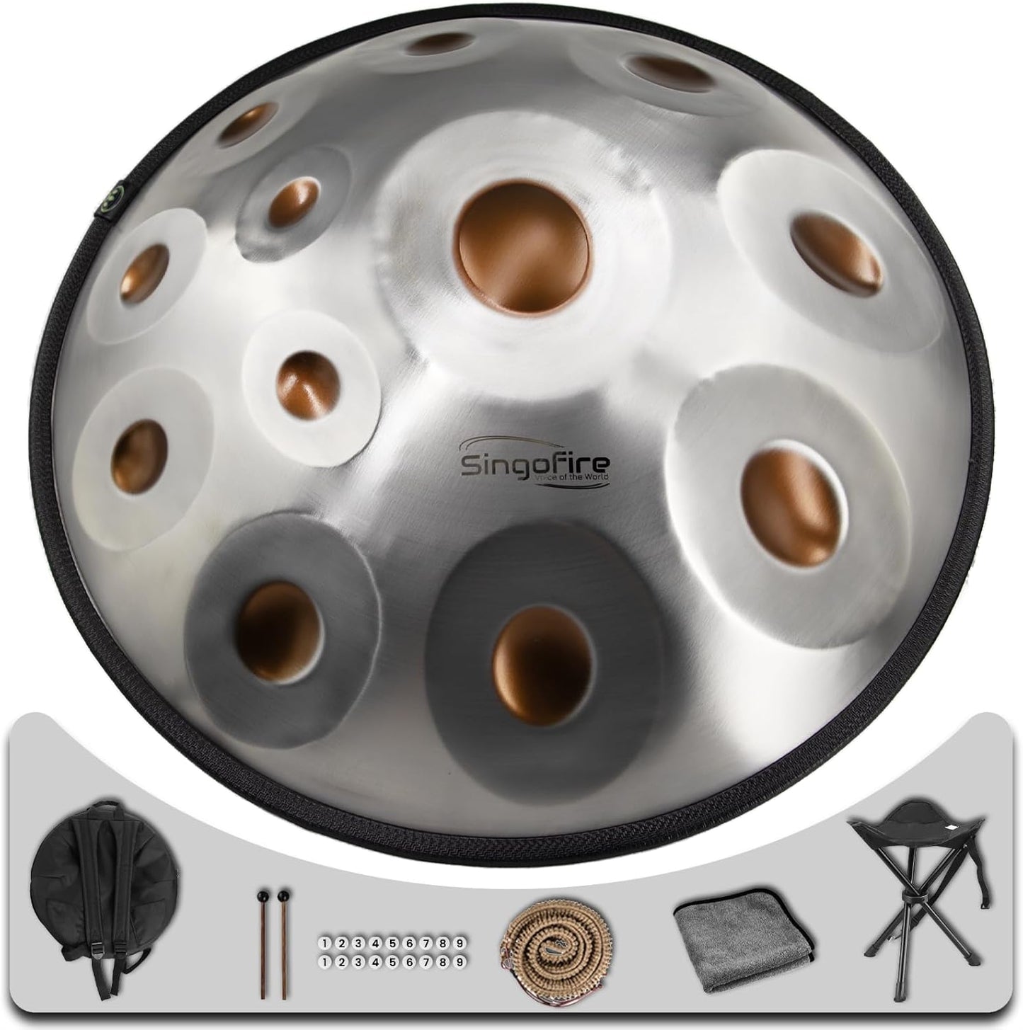 "SINGOFIRE" 12-Notes Handpan Drum, Handpan Drums for Adults, 22-Inch 440Hz D Minor Kurd Handpan, HandPan Instrument with Soft Handpan Bag, 2 Mallets, Handpan Stand and Dust-Free Cloth(Gold Eye)
