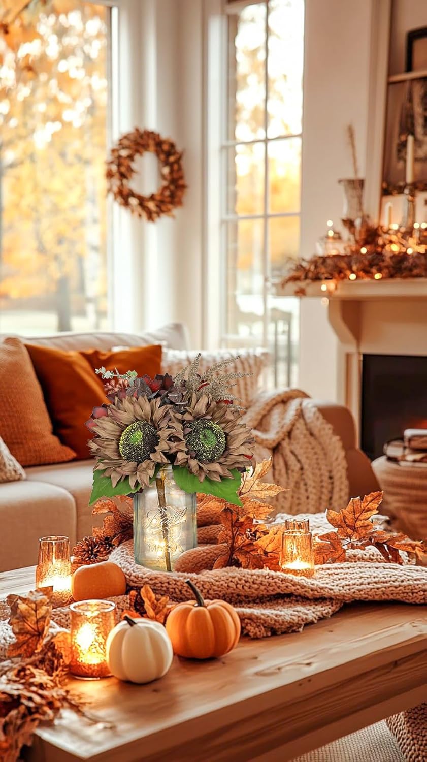 Silk Sunflowers Artificial Flowers with Mason Jar Centerpiece for Table Brown Fall Flowers in Vase Small Fall Floral Arrangement with Vase Thanksgiving Centerpiece for Dining Room Table Autumn Decor