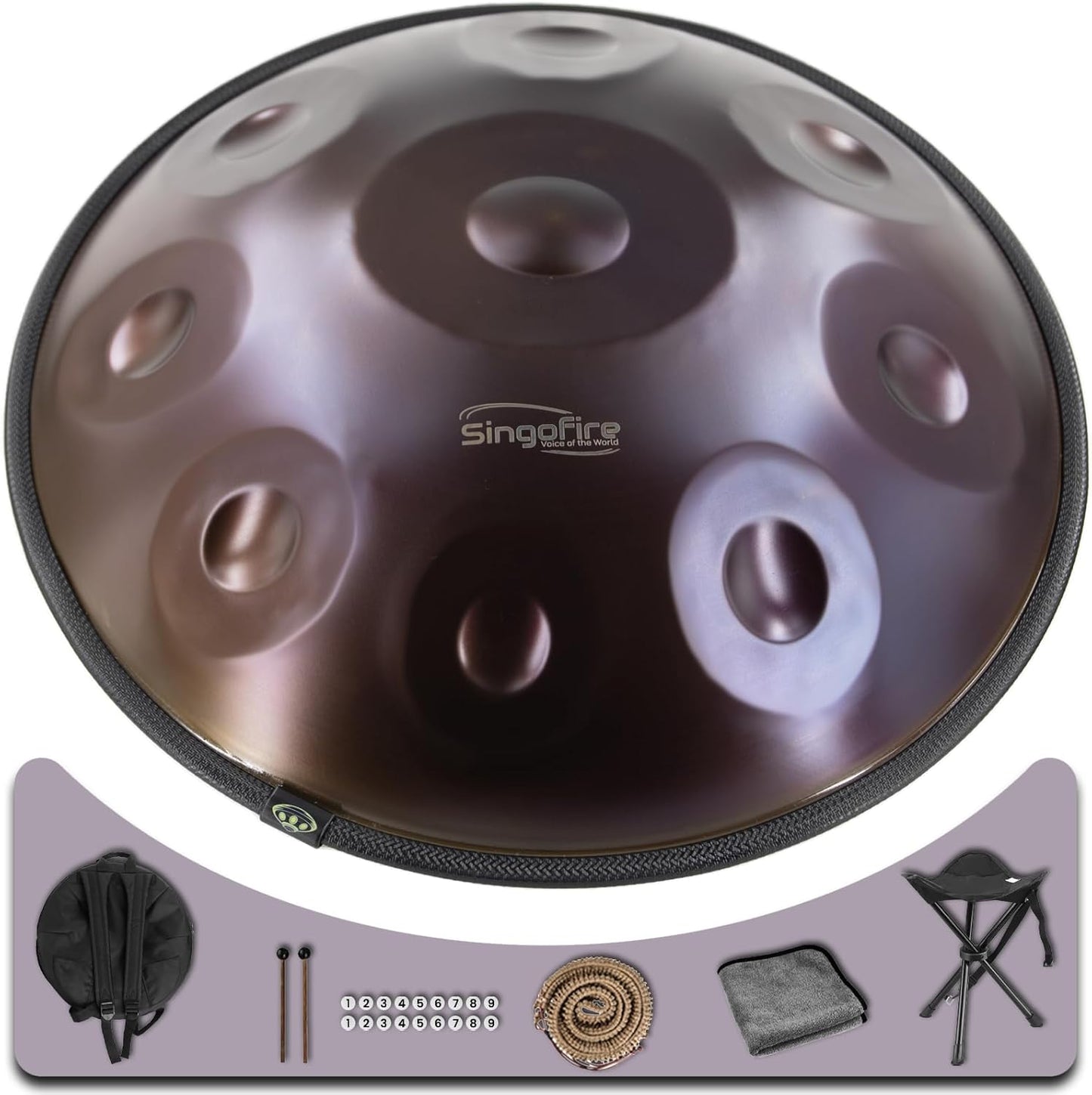 "SINGOFIRE" 9-Notes Handpan Drum, Handpan Drums for Adults, 22-Inch 440Hz D Minor Kurd Handpan, HandPan Instrument with Soft Handpan Bag, 2 Handpan Mallets, Handpan Stand and Dust-Free Cloth(Purple)