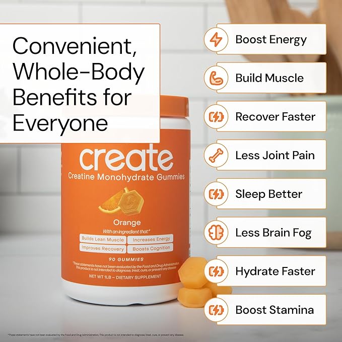 Create Creatine Monohydrate Gummies for Men & Women, Boost Focus, Strength, and Endurance, Anti-Melting Formula, Vegan, Gluten-Free, Non-GMO, 1.5g of Creatine per Gummy (Orange, 90 ct)