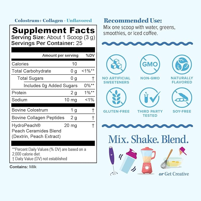 Colostrum Collagen Peptide Protein Powder Hydrolyzed HydroPeach Gut Health, Skin & Immune Support | 1g Bovine Colostrum 2g Collagen Peptides 20mg Peach Ceramides Blend Unflavored 25 Servings, No Sugar