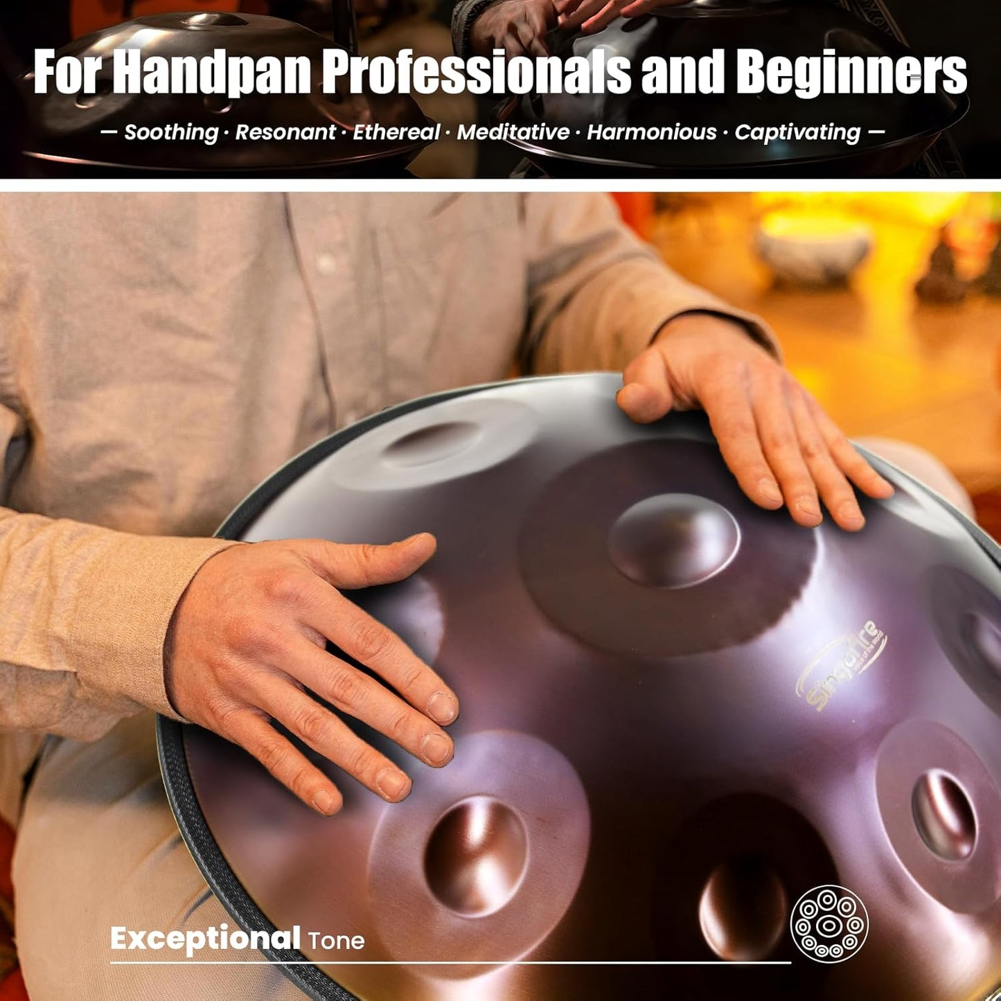 "SINGOFIRE" 12-Notes Handpan Drum, Handpan Drums for Adults, 22-Inch 440Hz D Minor Kurd Handpan, HandPan Instrument with Soft Handpan Bag, 2 Handpan Mallets, Handpan Stand and Dust-Free Cloth(Purple)