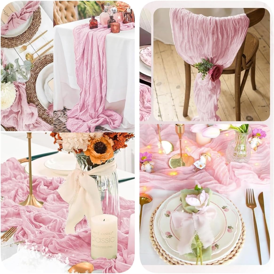 6 Pack Light Pink Cheesecloth Table Runner 23x120 inch Rustic Boho Gauze Table Runner 10 FT Long Sheer Cheese Cloth Fabric Table Runners for Romantic Wedding Bridal Shower Birthday Party Decor