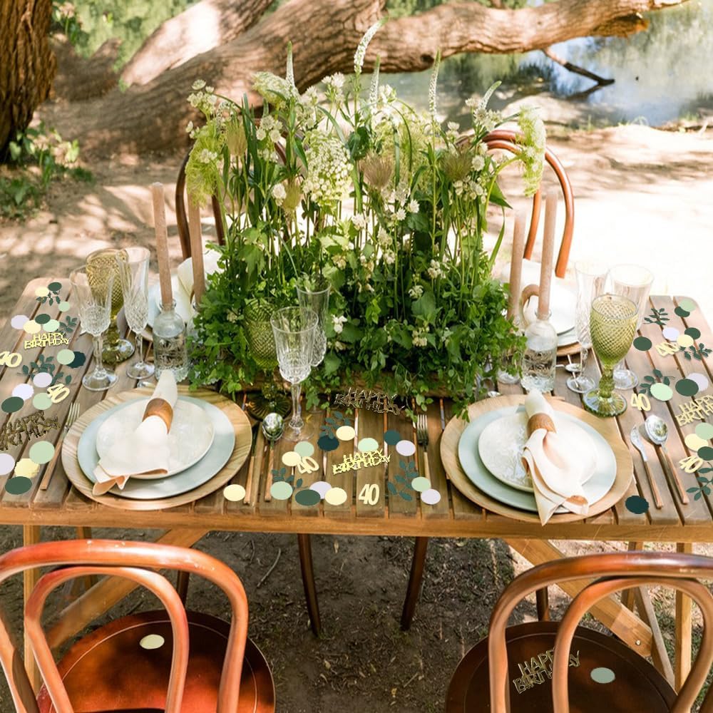 Sage Green 40th Happy Birthday Confetti, 40th Birthday Table Decorations Scatter Green Gold Foil Cake Confetti Decorations for 40 Bday Woman Man Party Decor 230 Pcs