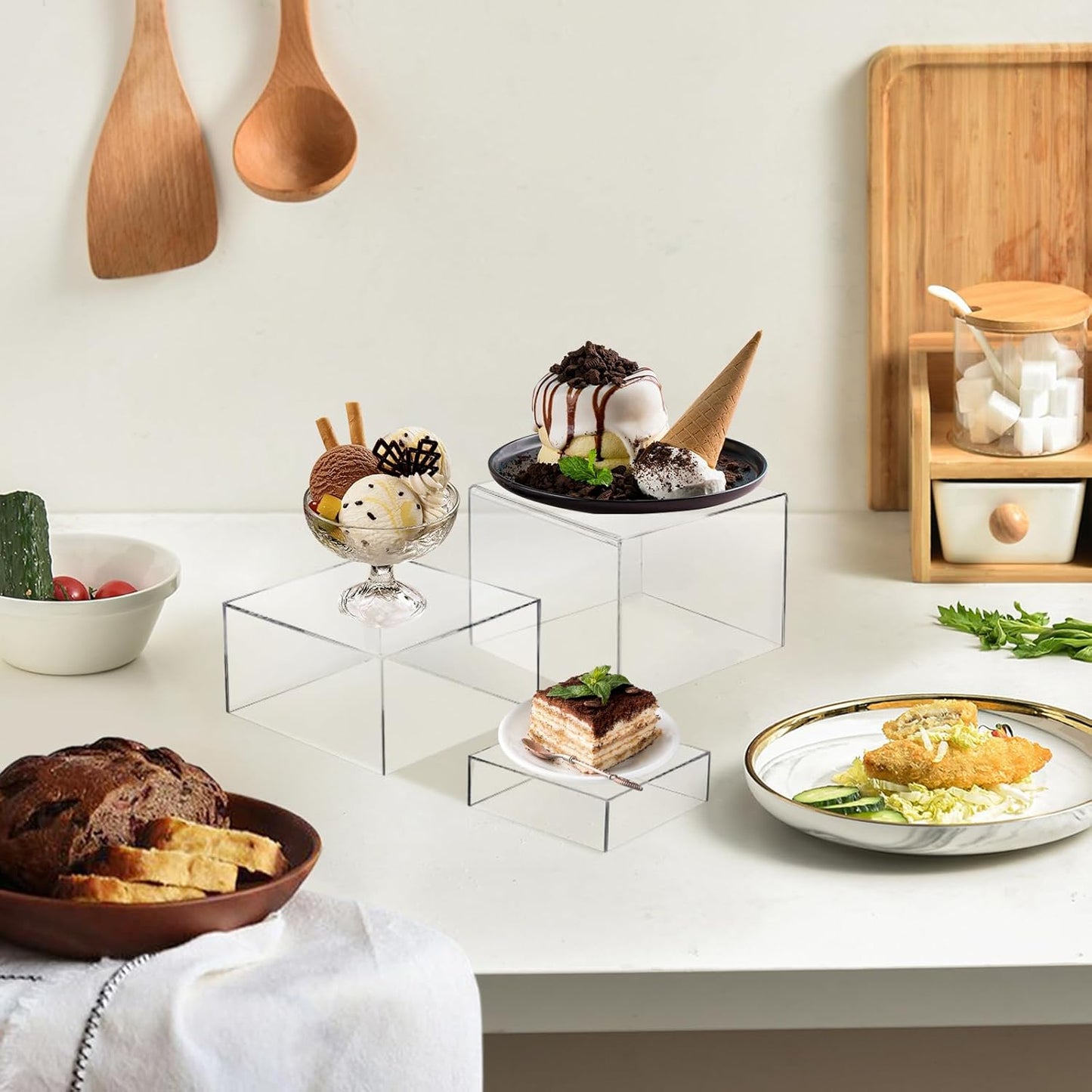 6 Pcs 3 Size Acrylic Cube Display Risers Acrylic Boxes Dessert Display Nesting Cubes, Buffet Risers with Hollow Bottom for Jewelry Collectibles Cosmetics Figures Show