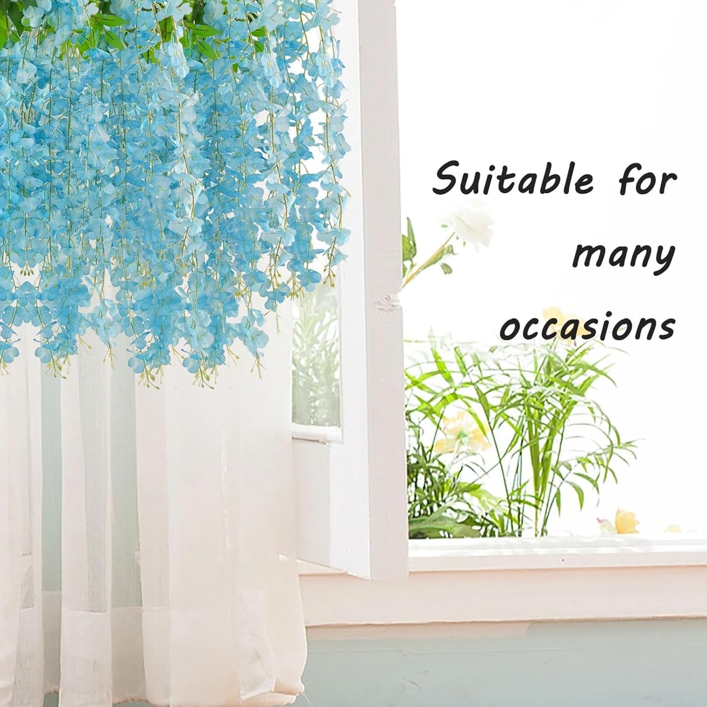 12 Pack Lake Blue Wisteria Hanging Flowers Garland with Lights, 3.44 Feet Artificial Flower Vines, Fake Wisteria, Artificial Vines Hanging Garland for Backdrop Outdoor Patio Garden Decor