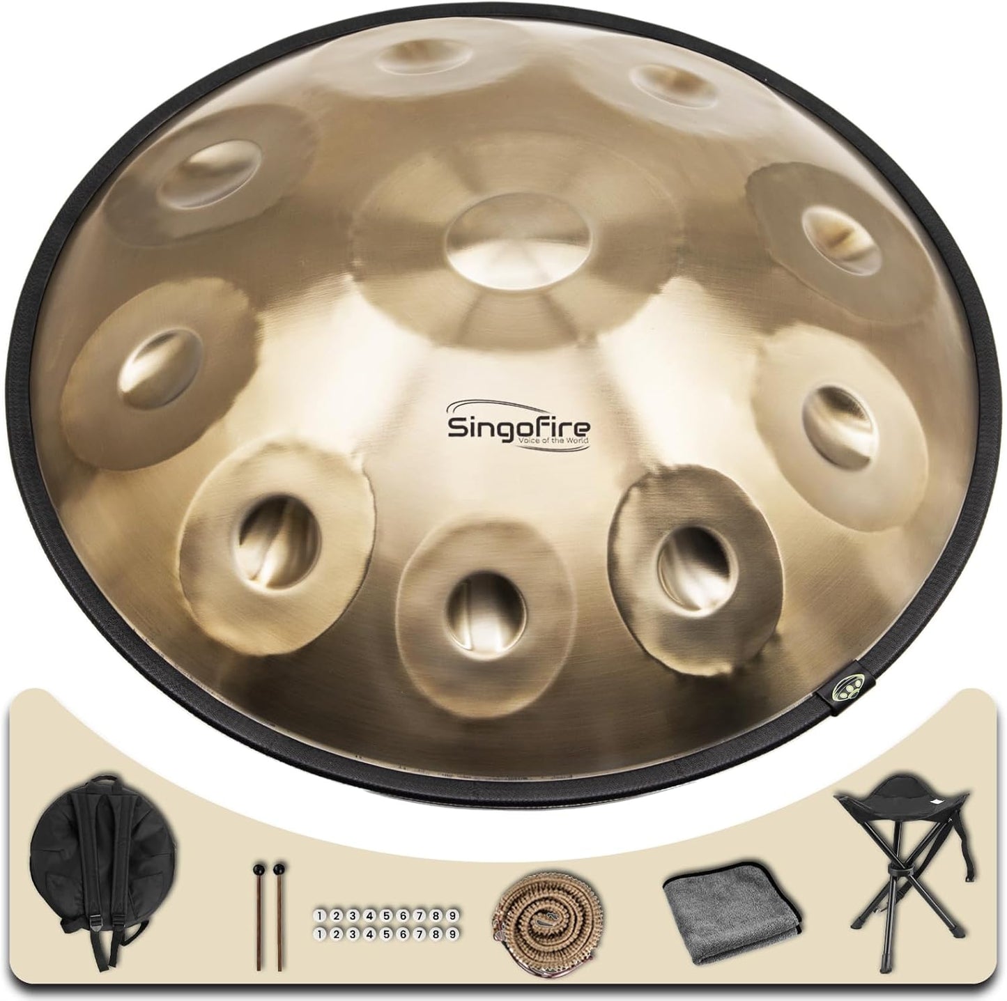 "SINGOFIRE" 10-Notes Handpan Drum, Handpan Drums for Adults, 22-Inch 440Hz D Minor Kurd Handpan, HandPan Instrument with Soft Handpan Bag, 2 Handpan Mallets, Handpan Stand and Dust-Free Cloth(Gold)