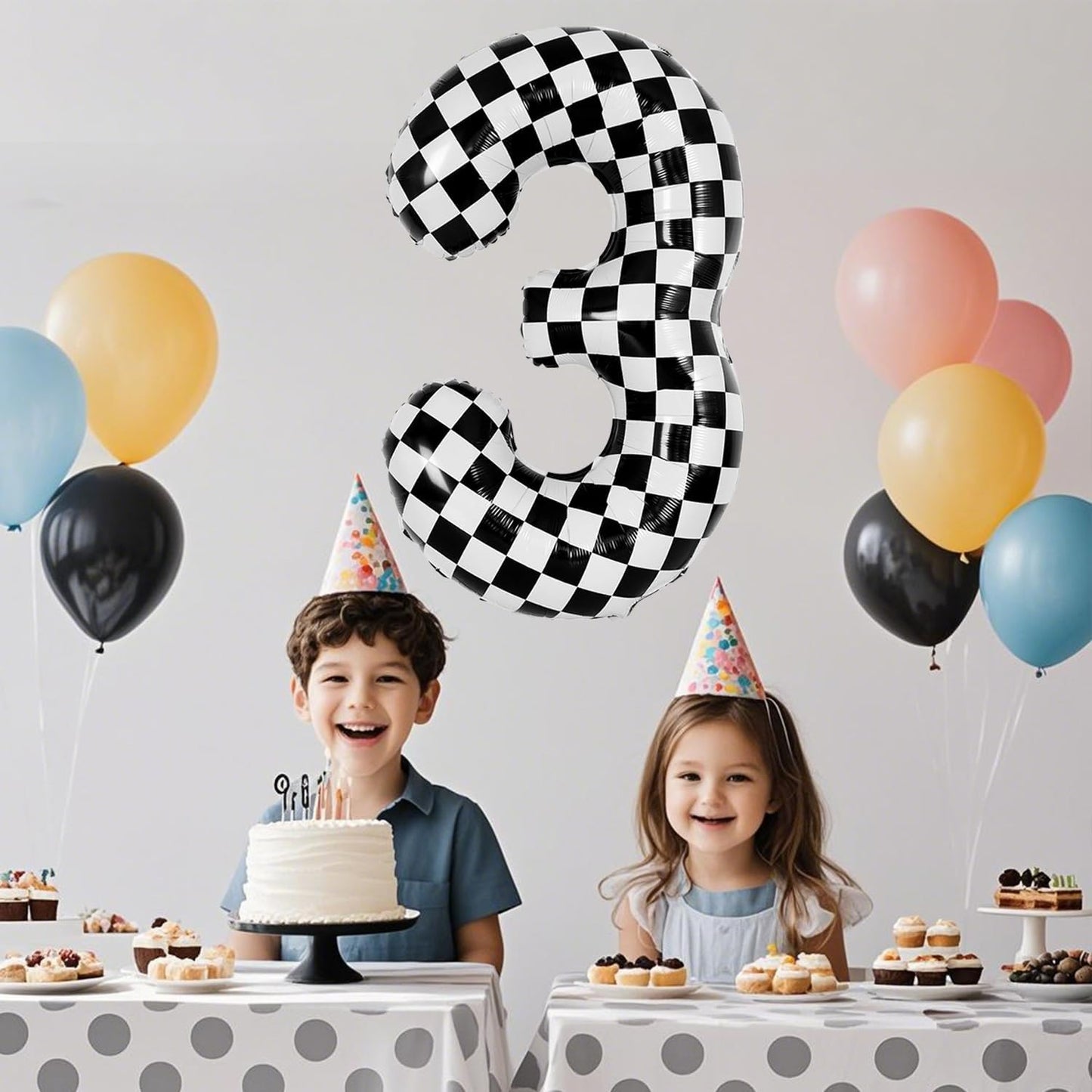 40 Inch Checkered Number Balloon - Race Flag Pattern Big Helium Balloon for Birthday Party Decorations - Black & White Balloon for Kids Adults Party Supplies (Racing Car, Number 3)