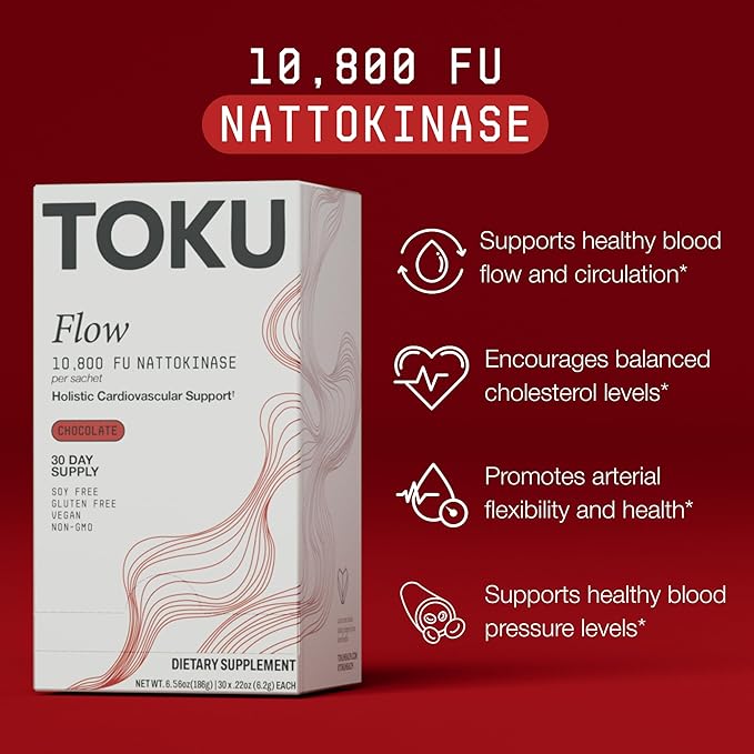 Toku Flow, Functional Daily Powder with 10,800 FU Soy-Free Nattokinase, Vitamin K2 MK7 & Oat Beta Glucan, Plant-Based Formula, Chocolate Flavor, 30 Packets