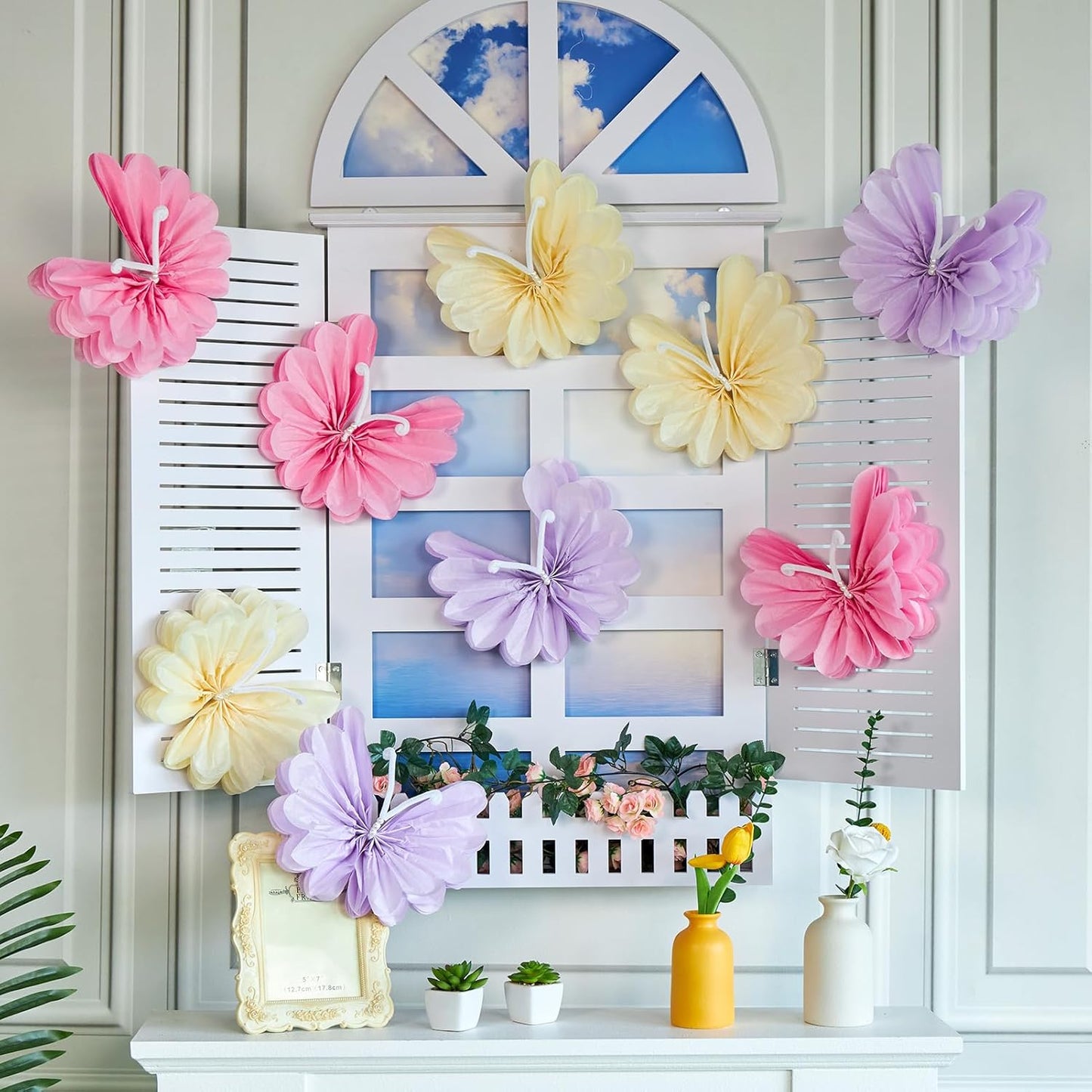12PCS Butterfly Tissue Paper Pom Poms, 3D Butterfly Birthday Party Decorations, Khaki Pink Purple Butterfly Hanging Decorations for Girls Wedding Baby Shower Decor
