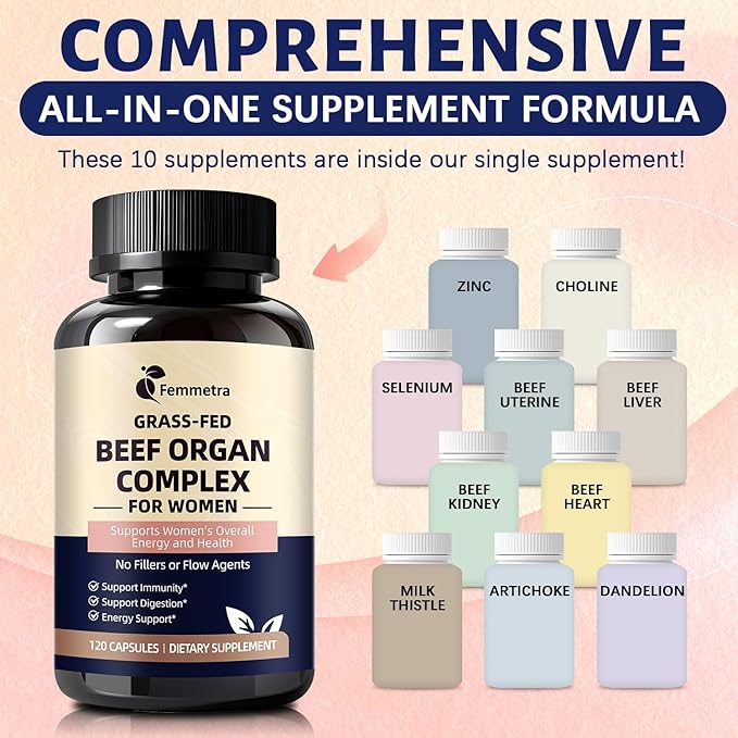 Female-Optimized Beef Organ Complex Superfood Supplement, Beef Liver, Kidney, Heart, Uterus & 6 More, Balance Hormones, Energy & Women's Overall Wellness, with Milk Thistle, Zinc, Grass-Fed, 60 Day