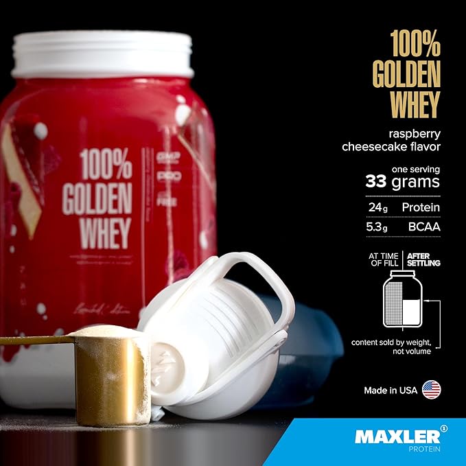 Maxler 100% Golden Whey Protein - 24g of Protein per Serving - Premium Whey Protein Powder for Pre Post Workout - Fast-Absorbing Whey Concentrate Isolate Hydrolysate Blend - Raspberry Cheesecake 2 lb