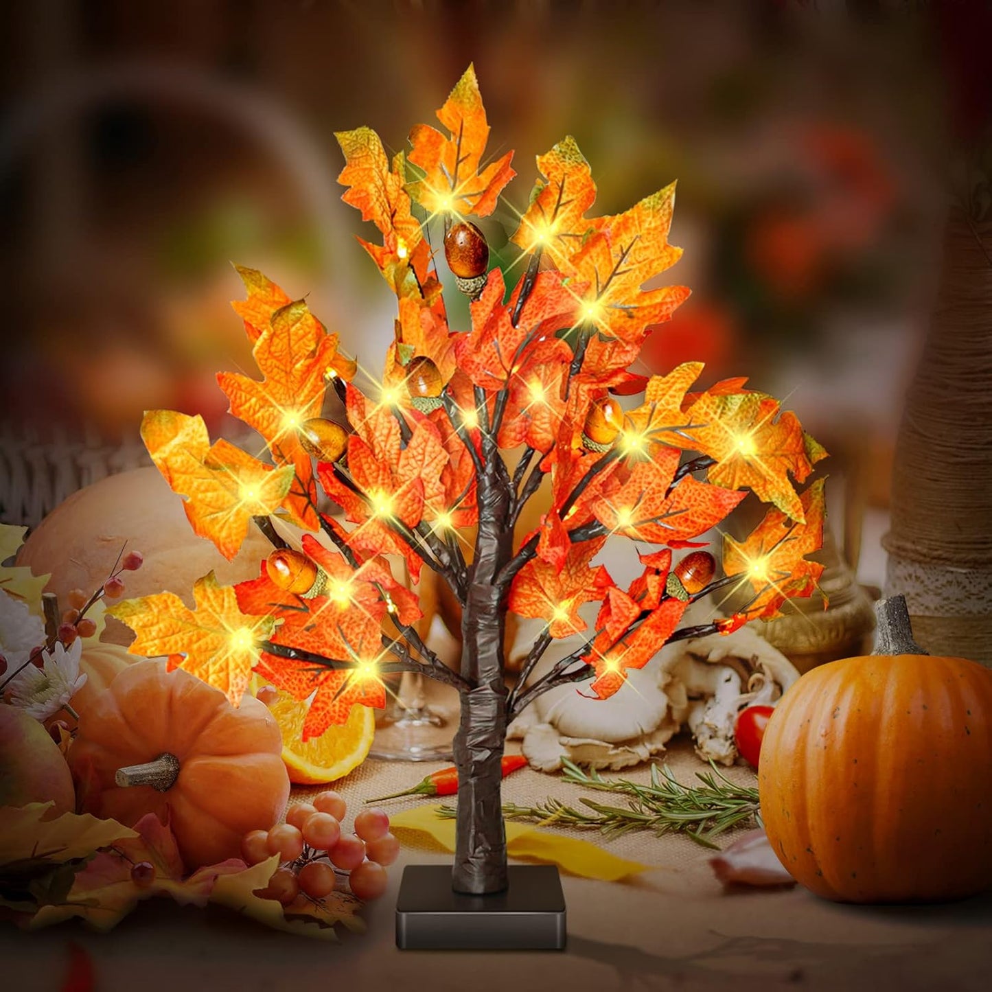 2 Pack 18 Inch Prelit Fall Maple Tree with 36 LED Lights, 6 Acorns, 1.5ft Tabletop Autumn Artificial Tree, Fall Centerpieces for Thanksgiving Decoration, Christmas Halloween Harvest Home Decor