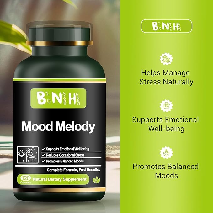 BNH Mood Melody - Balance Hormone Response - Serotonin - Dopamine - Oxidative Stress - Positivity - Relaxation - Encourages Neurotransmitter Production - 15 Clinically Proven Ingredients - 120ct