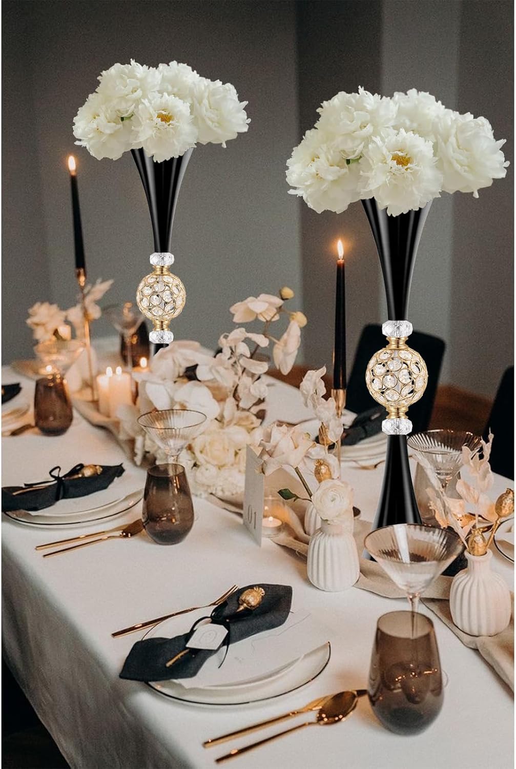 VIJIV Gold Tall Crystal Flower Vases for Centerpiece - 28'' Large Trumpet Vase for Bouquet Skinny Decorative, Table/Floor Vase Flower Stand for Party Event, Dining Table Décor, Bridal Shower, Wedding