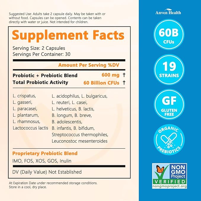 60 Billion Probiotics for Women and Men 19 Strains 5 Organic Prebiotics for Gut Digestive & Immune Health, Supports Diarrhea Gas Bloating, Non-GMO, Zero Fillers โ Made in USAไธจ60 Caps
