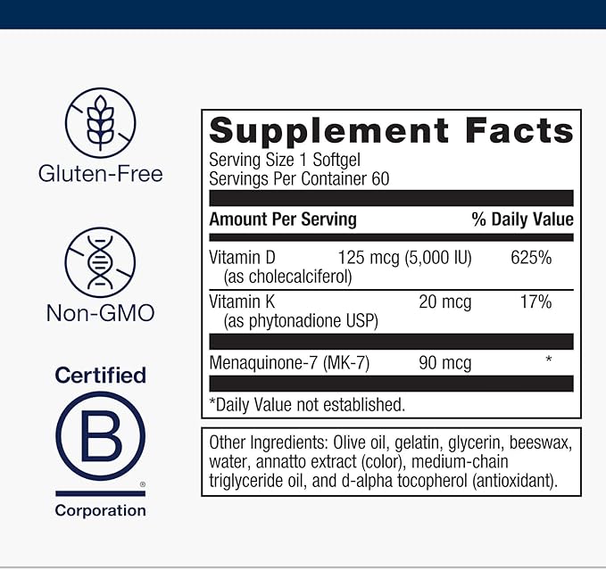 Metagenics Vitamin D3 + K - for Artery Health, Immune Support, Bone & Heart Health* - Vitamin D with MK-7 (Vitamin K2) - Non-GMO - Gluten-Free - 60 Softgels - 5,000 IU