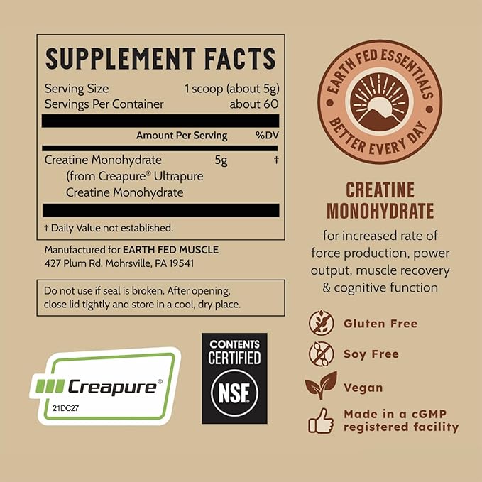 Earth Fed Muscle Transcend Creatine Monohydrate Powder – 100% German Creapure Creatine for Women | Muscle Recovery & Building, Energy Production | Unflavored 5g Serving, 60 Servings per Container