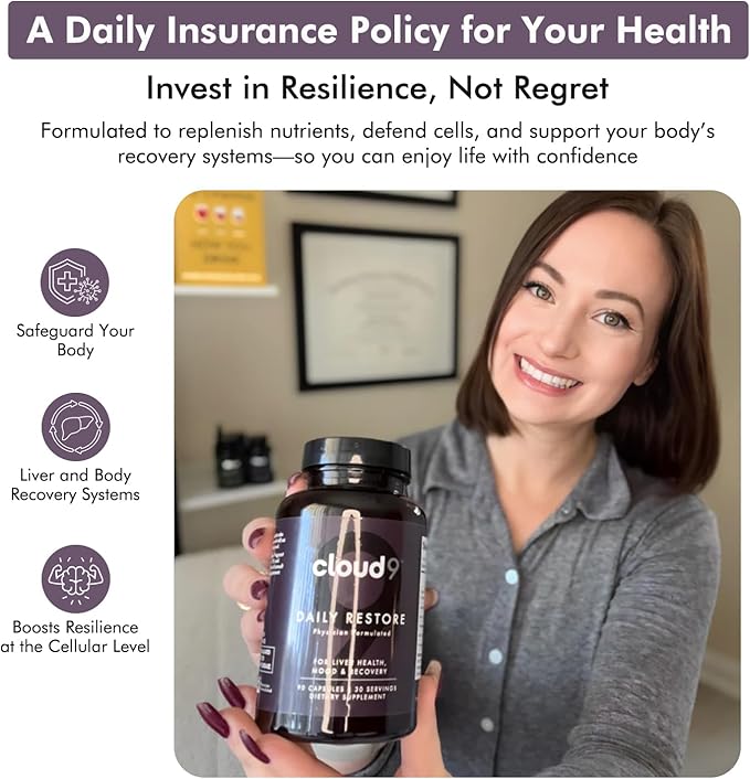 Cloud9 Daily Restore – Liver Detox & Recovery Supplement with Milk Thistle, NAC & B-Vitamins – Energy, Focus & Nutrient Support After Drinking – 90 Capsules – Made in USA