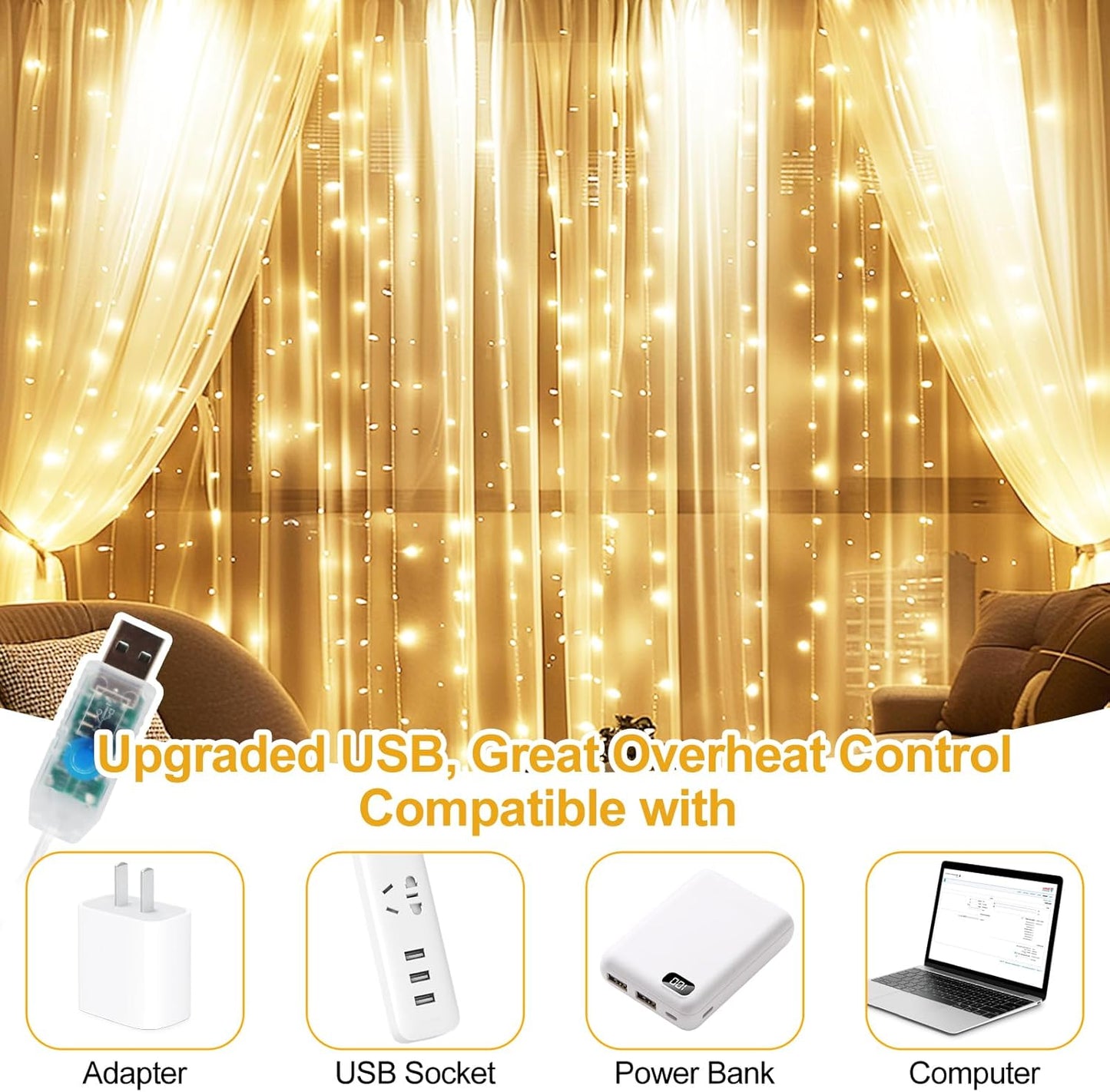Fairy Curtain Lights Upgraded Tangle-Free Warm White USB Plug in 8 Modes String Hanging Lights with Remote for Christmas, Bedroom, Indoor, Outdoor, Weddings, Party (6.6FTx10FT)