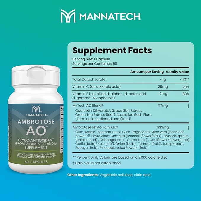 Mannatech Ambrotose AO 60 Capsules Loaded w/ Vitamin C and Vitamin E. Helps Body Against Free Radicals. Gluten-Free, Dairy-Free & Vegetarian-Friendly Immune Support Supplement
