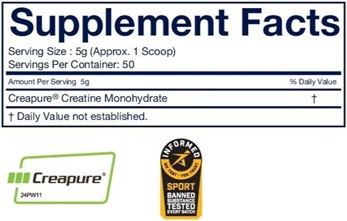 CREATINE Monohydrate Powder – Supports Energy, Brain & Muscle Health, and Recovery for Men & Women - Gluten & GMO Free, Soy Free, Sport Certified – Unflavored, 250 G, 50 Servings