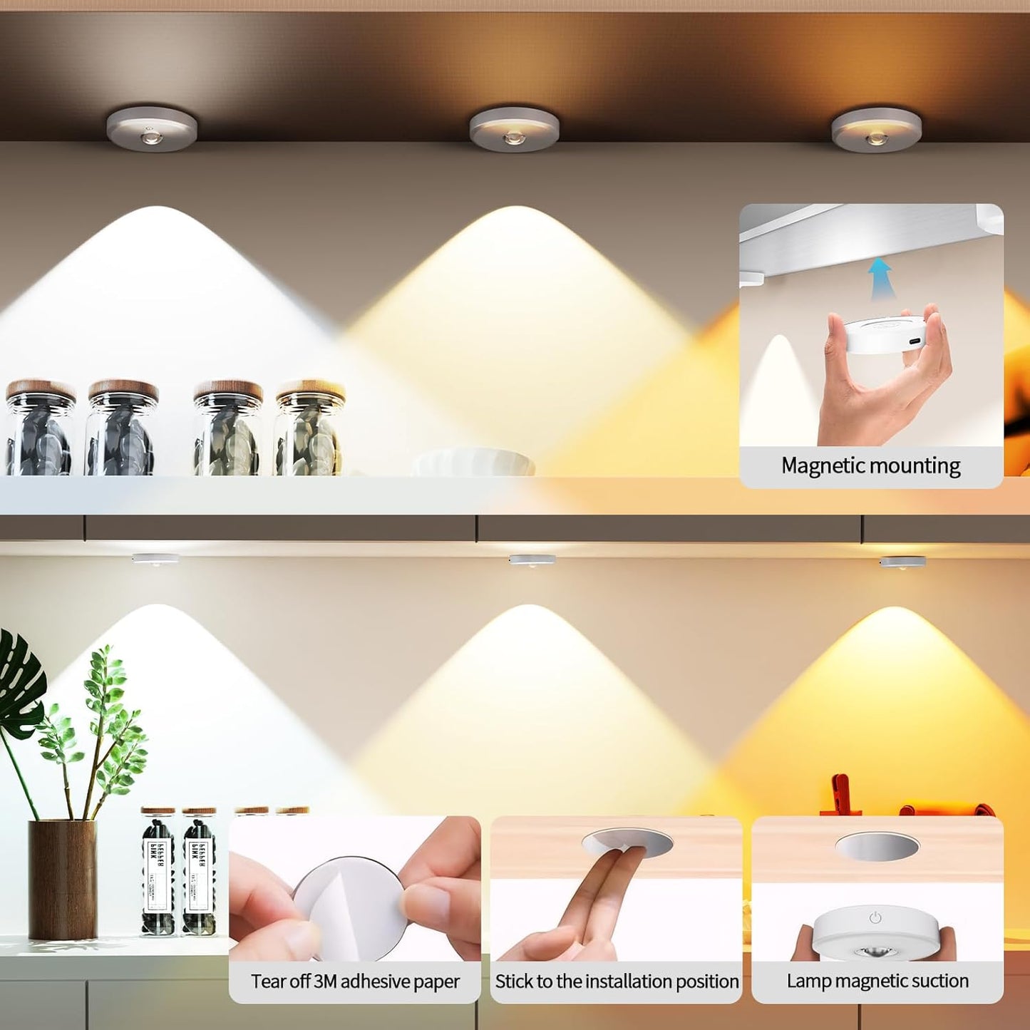 Rechargeable Puck Lights with Remote Control, 12 Color Changing Under Cabinet Lighting, Wireless RGB tv Led lights for bedroom & Closet, Dimmable Magnetic under counter lights for kitchen, Shelf,Party