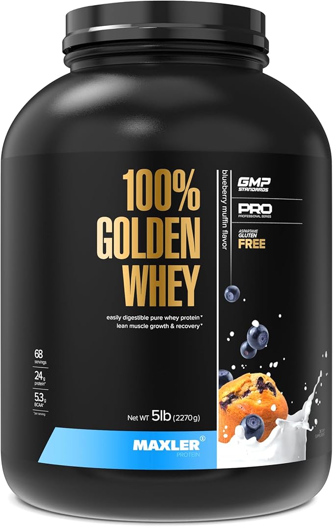 Maxler 100% Golden Whey Protein - 24g of Protein per Serving - Premium Whey Protein Powder for Pre Post Workout - Fast-Absorbing Whey Concentrate, Isolate & Hydrolysate Blend - Blueberry Muffin 5 lb