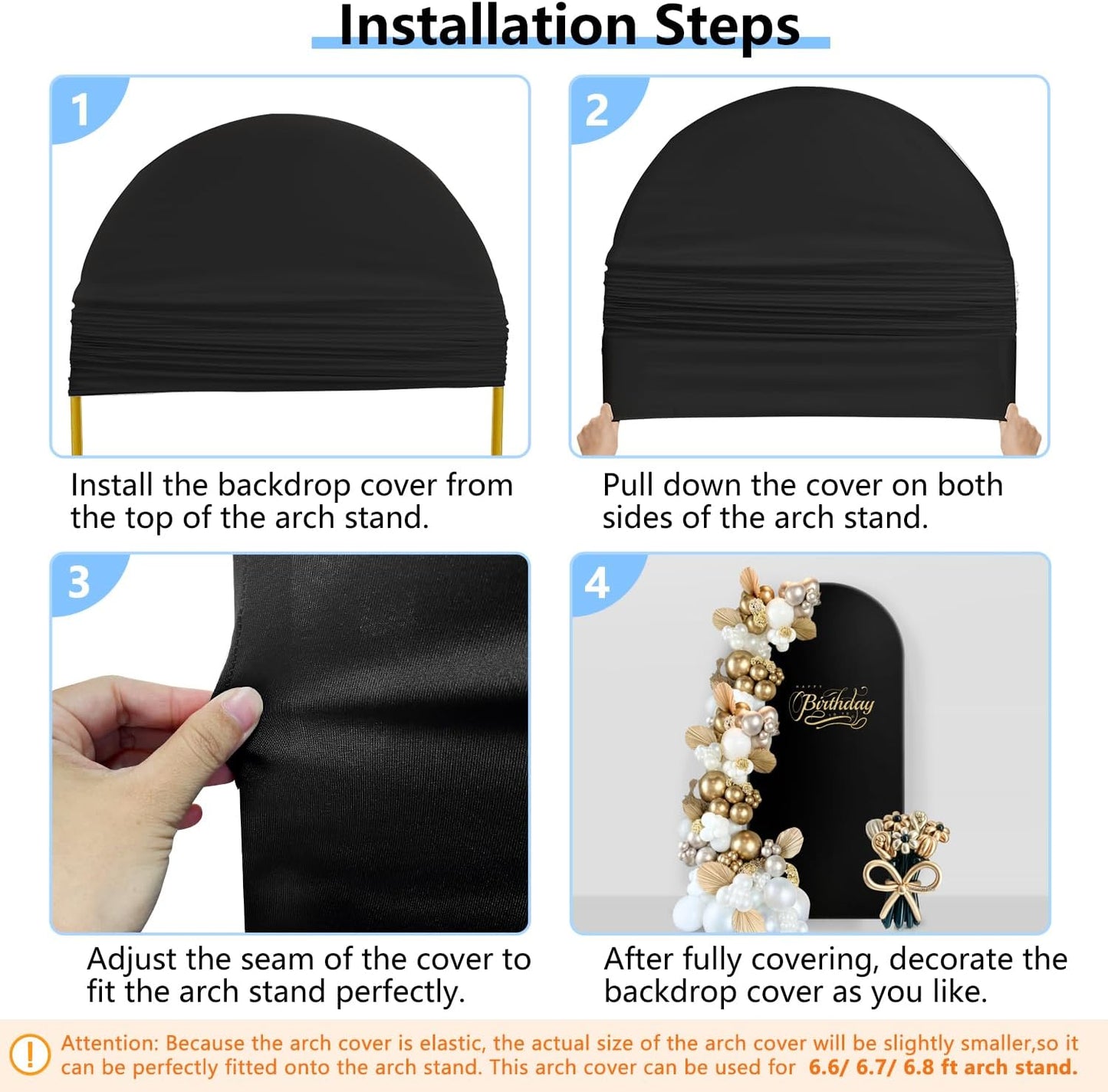 Hemmotop 6.6 ft Black Spandex Arch Cover (No Arch Stand), Spandex Arch Covers Stretchy Backdrop, Balloon Arched Cover 2-Sided, Arches for Backdrop for Wedding, Baby Shower Party Decoration