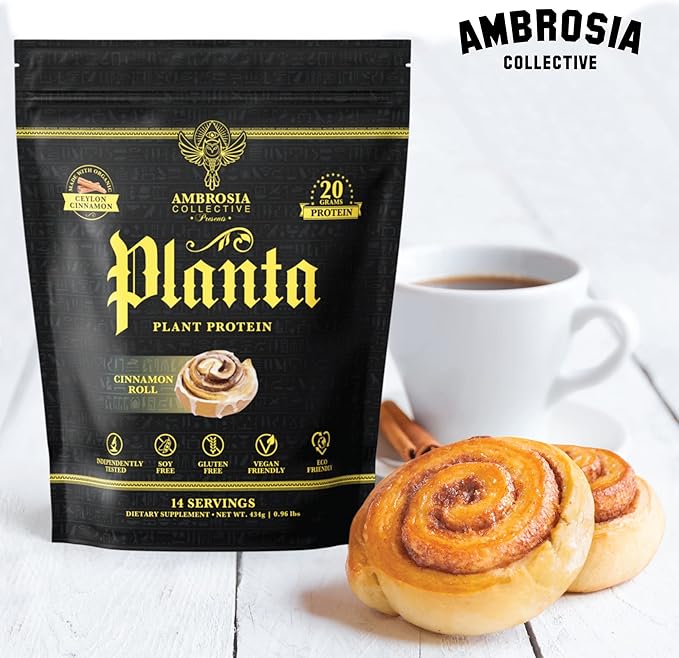 Ambrosia Planta - Premium Organic Plant-Based Protein | Vegan & Keto Friendly | Gourmet Flavors with No Bloating or Stomach Upset | Gluten & Soy Free | No Added Sugar | 14 Servings | (Cinnamon Roll)