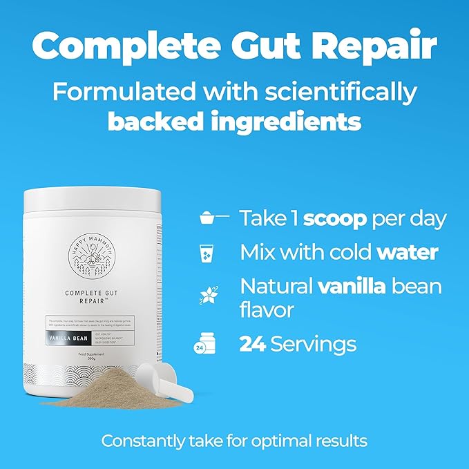 Happy Mammoth Complete Gut Repair Probiotic, Prebiotic, Fiber & Collagen Supplement for Gut Health, Digestion, Healthy Gut Microbiome, Reduces Constipation & Bloating 24 Servings, Vanilla Flavor