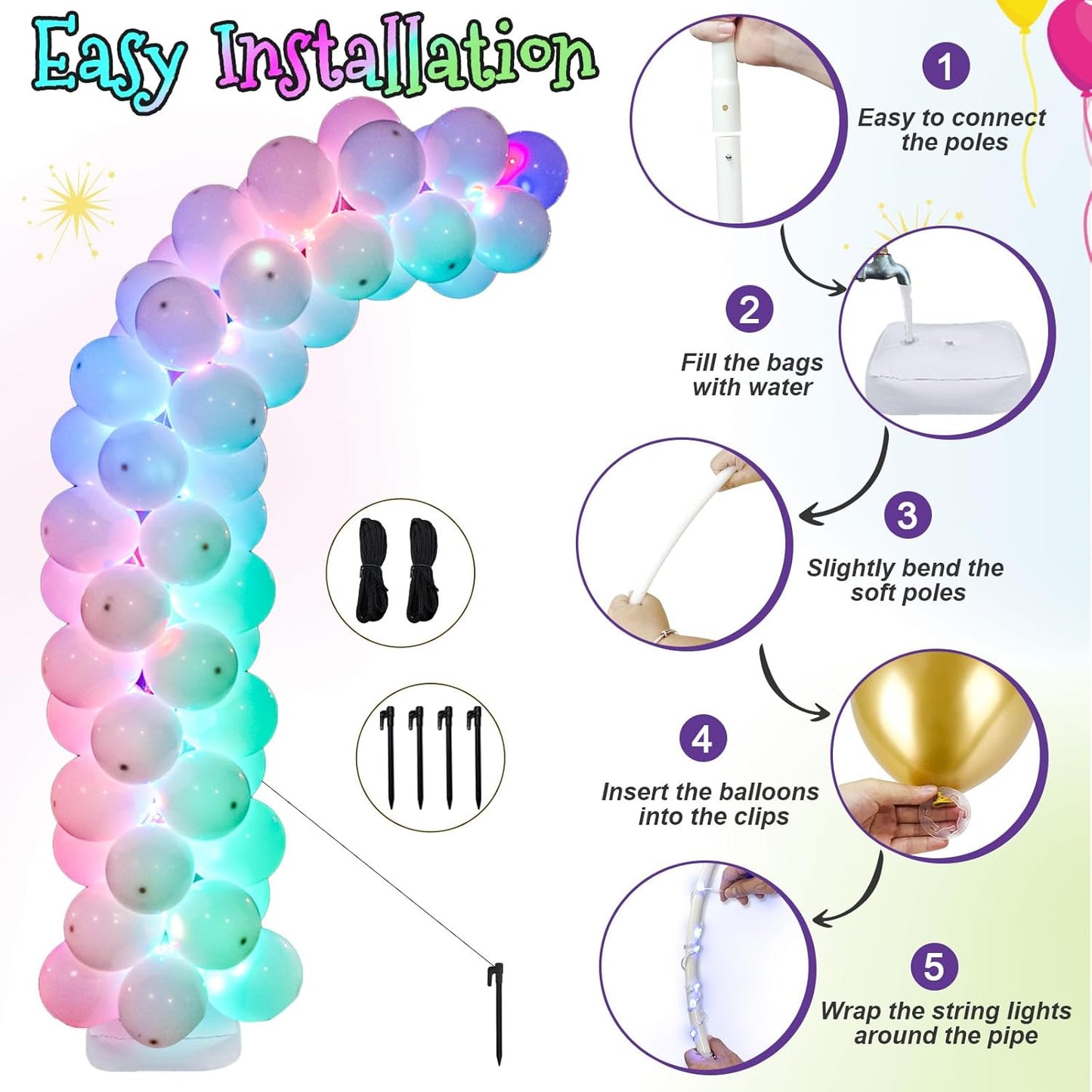 OurWarm 8.2FT & 6FT Lighted Balloon Arch Kit, Free Bending Top Balloon Arch Stand with Base, Half Arch Balloon Stand for Floor Balloon Column Kit for Wedding Birthday Baby Shower Party Decorations