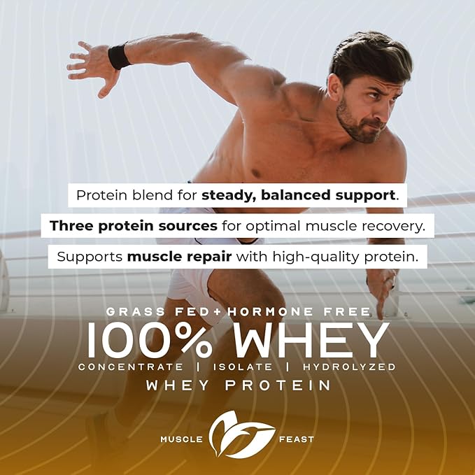 Muscle Feast 100% Grass Fed Whey Protein Powder, All Natural Hormone Free Paure Raised Whey Protein Powder for Women & Men- Whey Concentrate, Isolate & Hydrolyzed Protein Powder Blend- Unflavored, 2lb