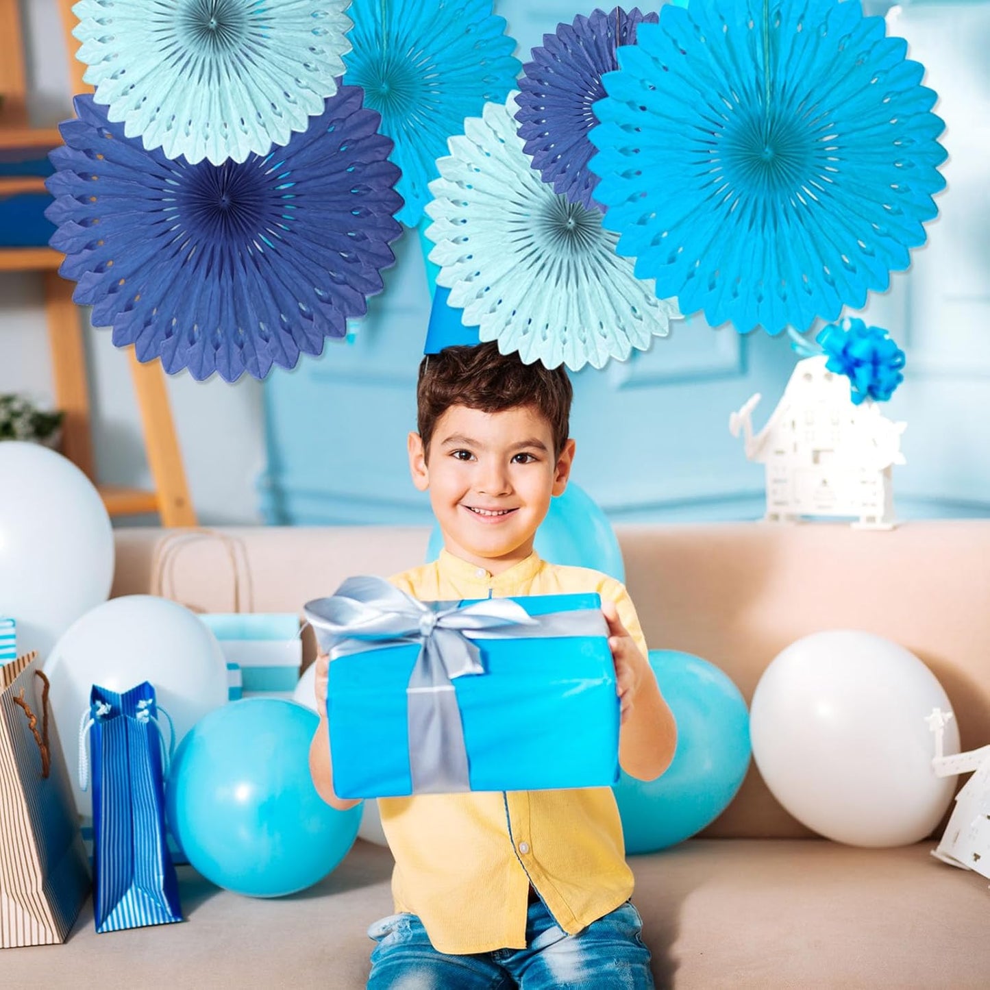 18 Pcs Blue Kit Hanging Honeycomb Paper Fans, Round Paper Fan Decorations for Weddings, Birthdays, Bachelorette, Photo Booth Backdrops, Baby Shower, Anniversary Events Party Supplies