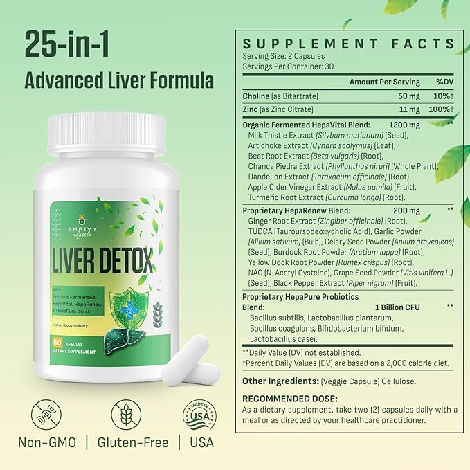 Liver Cleanse Detox & Repair – 25-in-1 Herbal Liver Support Milk Thistle Supplement - TUDCA, NAC, Chanca Piedra, Artichoke, Beet Root – Supports Liver Cleanse & Gut Health – 60 Vegan Capsules