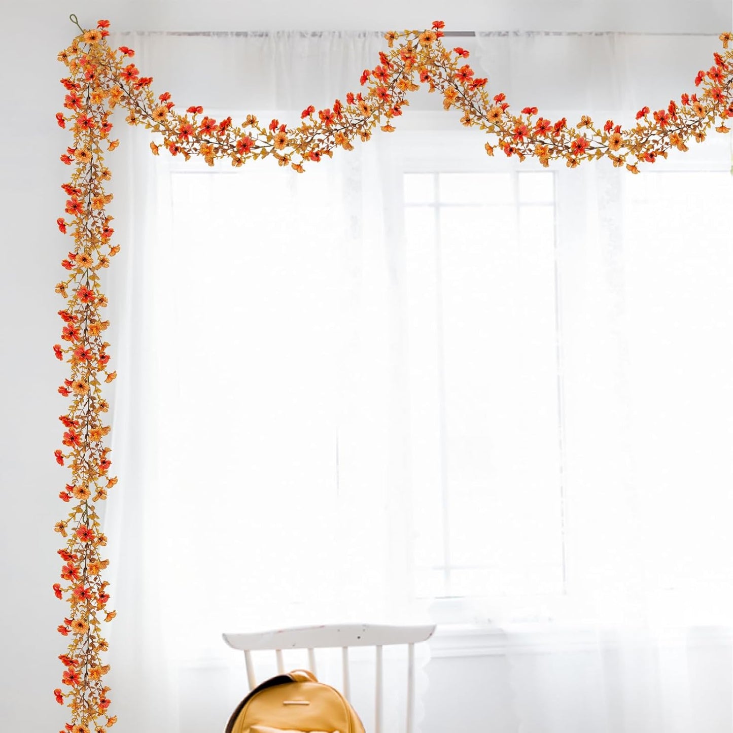 4 Pack Artificial Fall Flowers Garland, 6 FT Fall Decorations Fake Mums Floral Vines UV Resistant Faux Hanging Flower Ivy Garland for Home Party Table Wall Decor (Orange + Autumn Yellow)