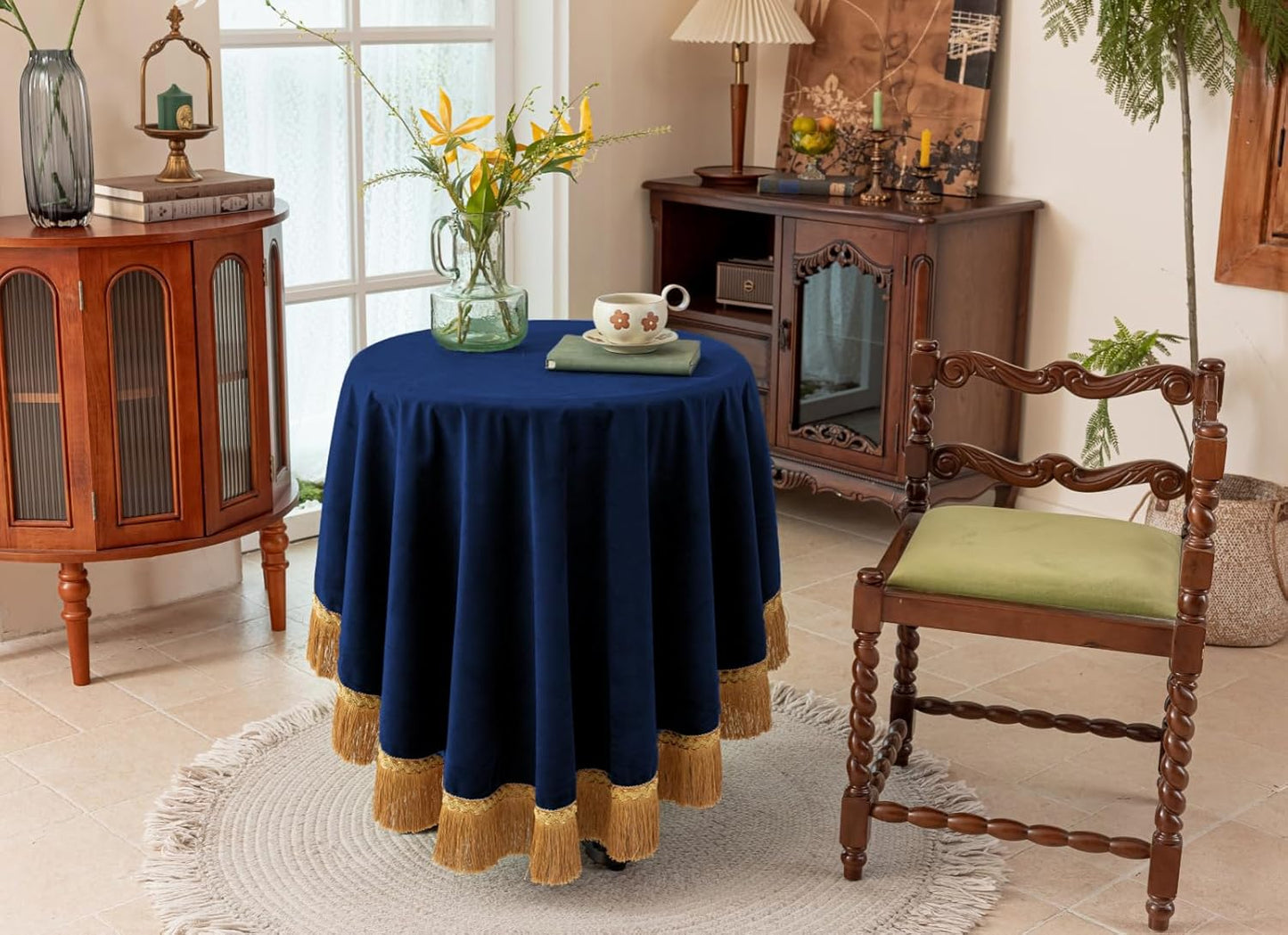 F-CHU Blue Tablecloth Thickset Velvet Tablecloth with Beautiful Gold Tassels Vintage Table Cloth for Home Decor Wedding, Party, Banquet and Events 70" Round