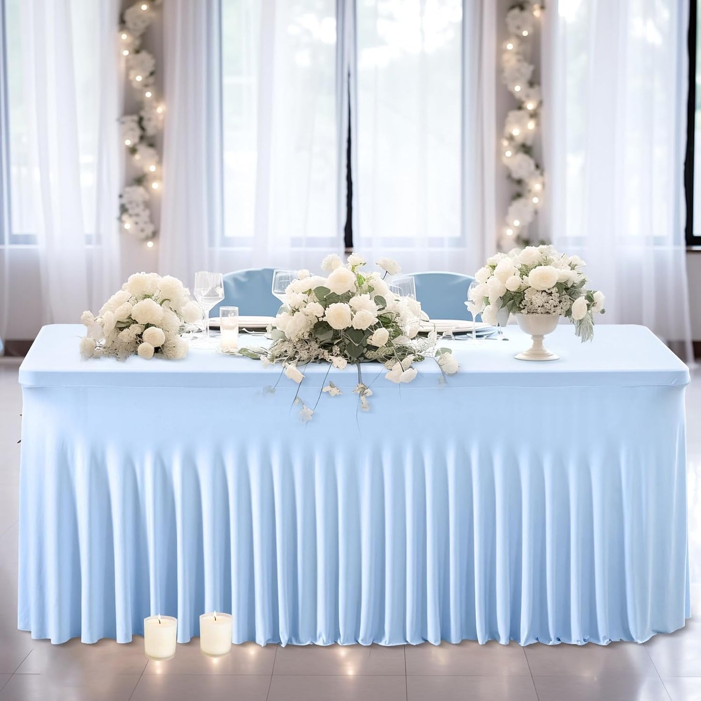 Wish Care 2 Pack Baby Blue Spandex Table Clothes for 8 Foot Rectangle Tables, 8FT Wrinkle Free Fitted Tablecloths Ruffles Design Table Cover for Party, Banquet, Wedding and Events