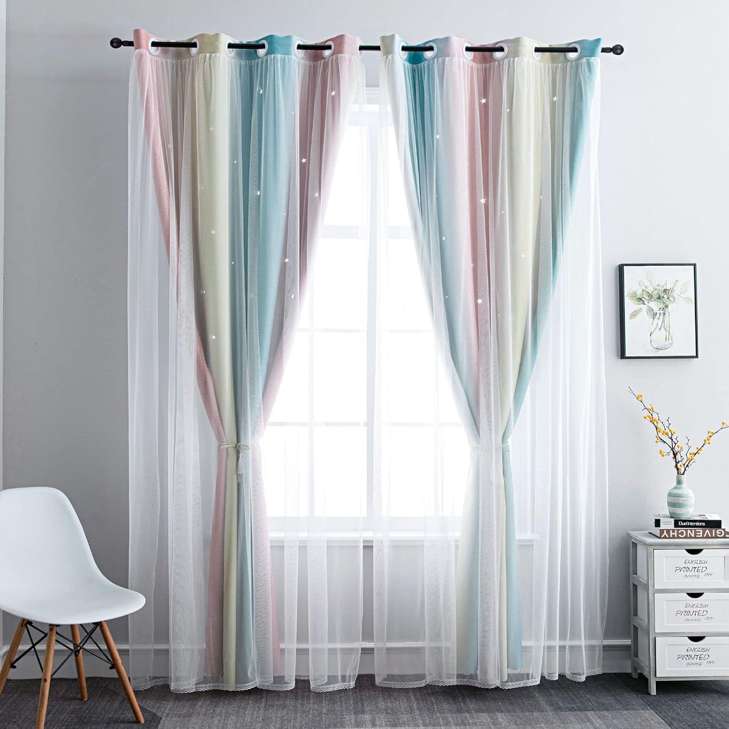 FANLI Ombre Rainbow Blackout Curtains for Kid Girls Bedroom Living Room Darking Stripe Double Layer Star Cut Out Wall Home Decor Gradient Grommet Window Curtains (Pink/Blue, 52W x 84L)