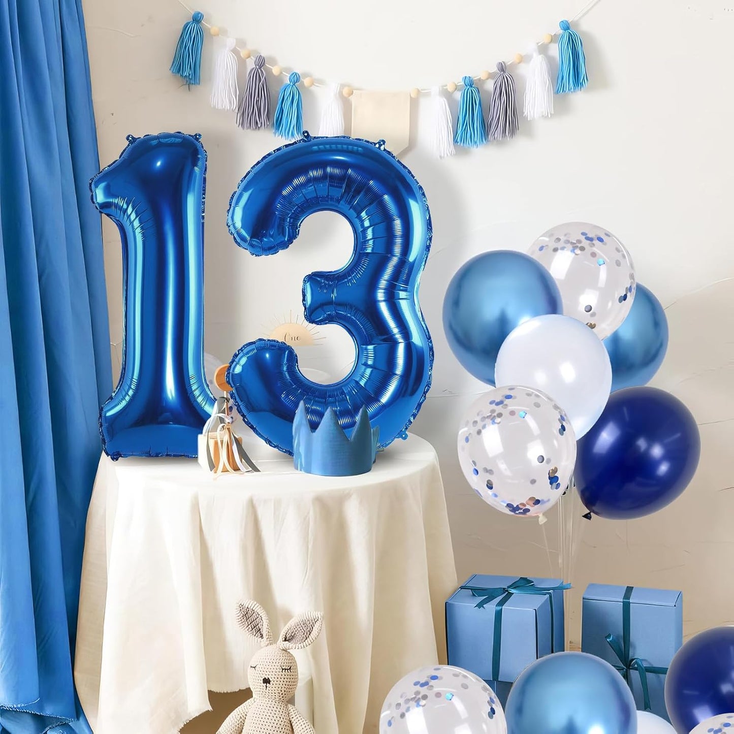 Number 13 Pastel Blue XXL 13th Birthday Decor Foil Balloon with Silver Confetti, Helium Balloon, 40 Inch for Boys Birthday Party Men Anniversary Decorations