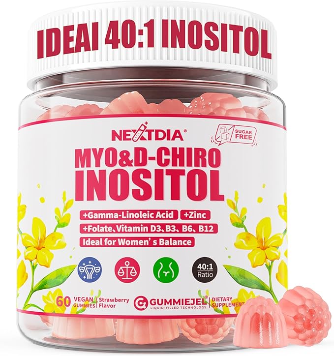 Myo-Inositol & D-Chiro Inositol Gummies with Evening Primrose Oil for Women - 40:1 Ratio Supplement Plus Vitamin D3, Methyl Folate & B12 for Hormonal Balance, Cycles & Ovarian Health, Vegan (60ct)