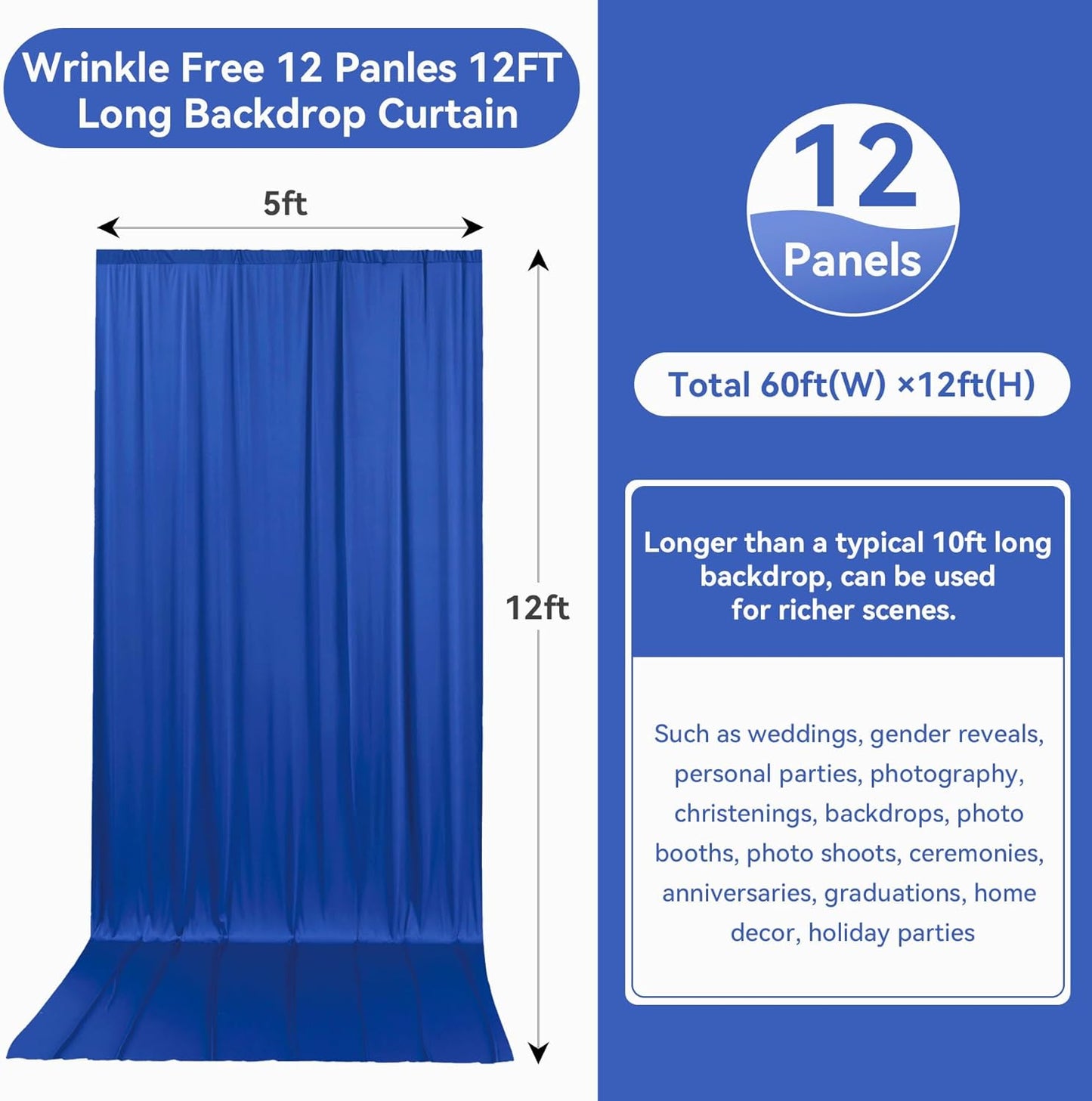 60ftx12ft Wrinkle Free Royal Blue Backdrop Curtain, 12 Panels 12FT Height Royal Blue Wedding Backdrop Drapes, Silky Polyester Back Drop Cloth for Birthday Photography Background Party Backdrop Draping