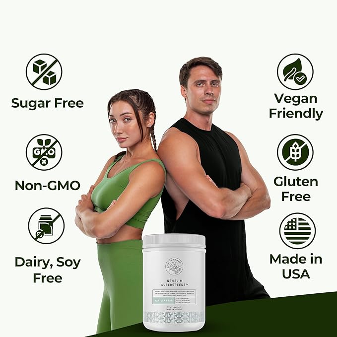 Happy Mammoth NewSlim SuperGreens with Spirulina, Chlorella & Prebiotics Blend for Adults, Supports Metabolism, Energy & Reduces Carb Cravings, 24 Servings, Vanilla Flavor