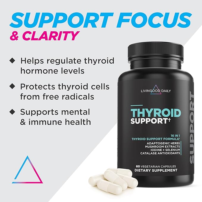 Livingood Daily Thyroid Support Supplement, 16-in-1 Wellness Blend with Adaptogenic Herbs, Iodine, Magnesium and Selenium, Thyroid Support for Women & Men, Vegetarian Capsules, Gluten Free, 60 Count