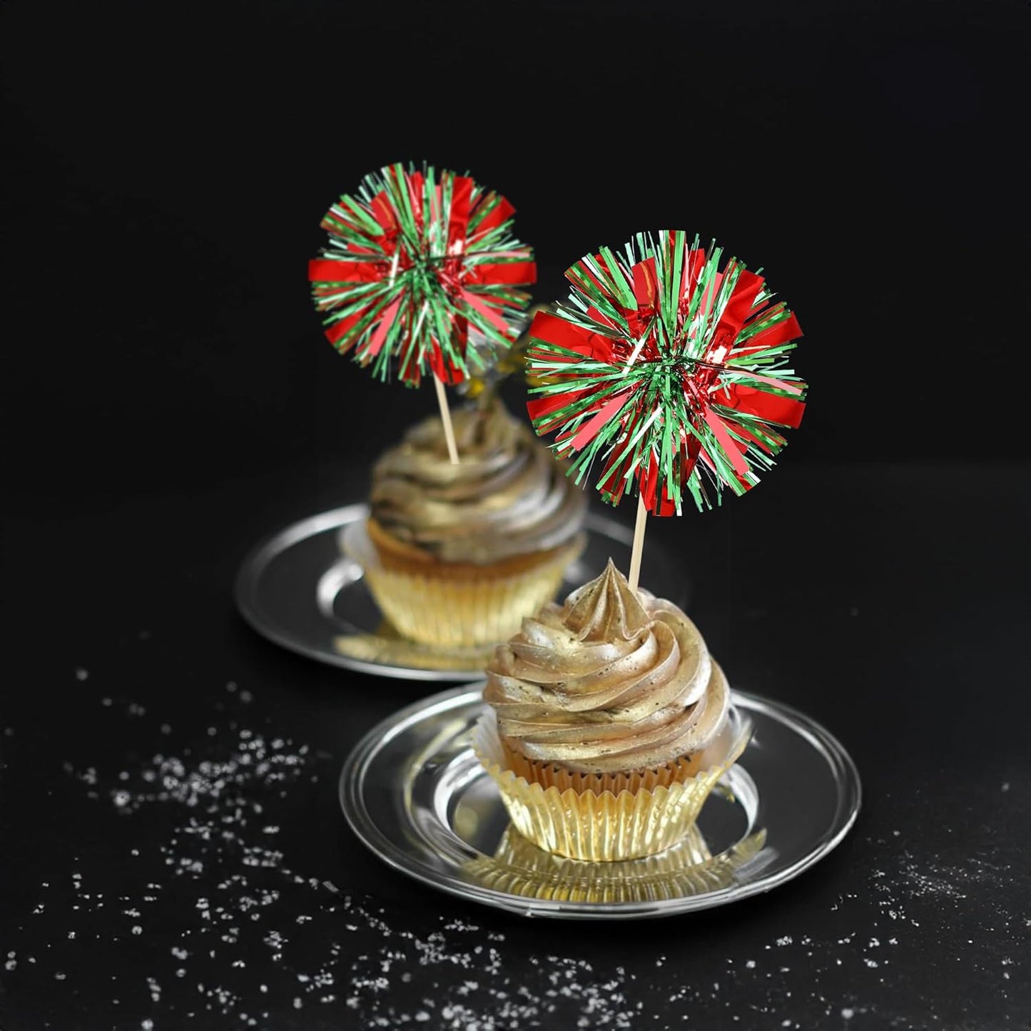 Ephlyn 30Pcs Foil Firework Cupcake Toppers Sparkle Tinsel Drink Birthday Cake Decorations Cocktail Food Fruit Toothpick for New Years Wedding Birthday Party Decorations Red Green