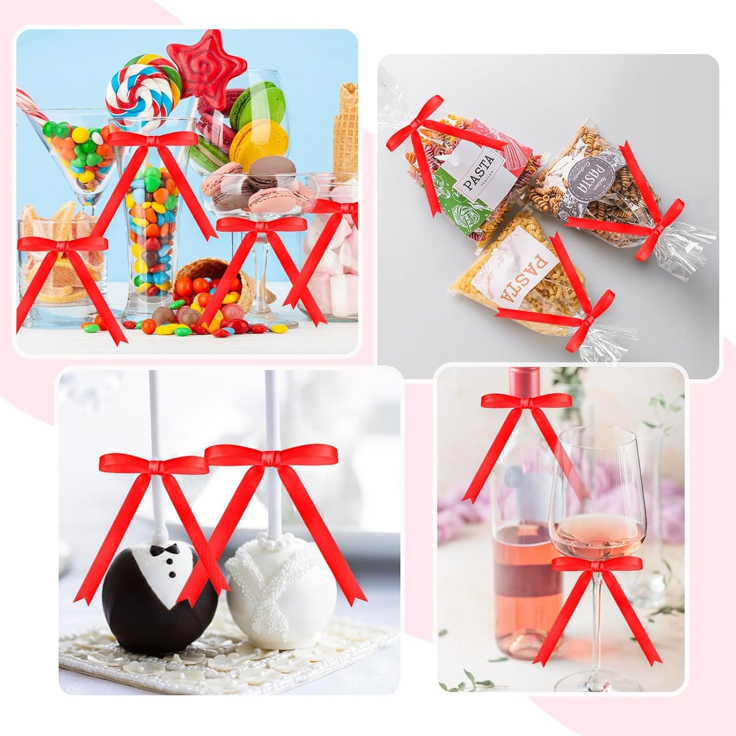 Riceshoot 50 Pcs Twist Tie Bows for Cake 3x4.5 Inch Satin Ribbon Bows for Gift Wrapping Treat Bags Craft DIY Wedding Baby Shower Birthday Party(Red)